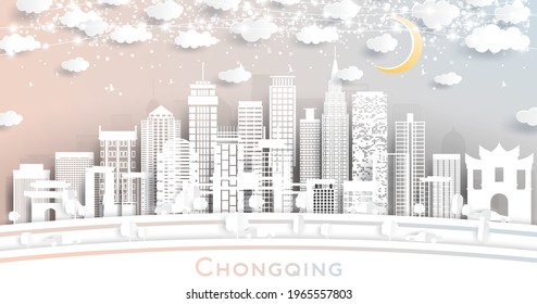 Chongqing China City Skyline in Paper Cut Style with White Buildings, Moon and Neon Garland. Vector Illustration. Travel and Tourism Concept. Chongqing Cityscape with Landmarks.