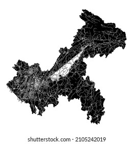 Chongqing, China, high resolution vector map with city boundaries, and editable paths. The city map was drawn with white areas and lines for main roads, side roads and watercourses on a black