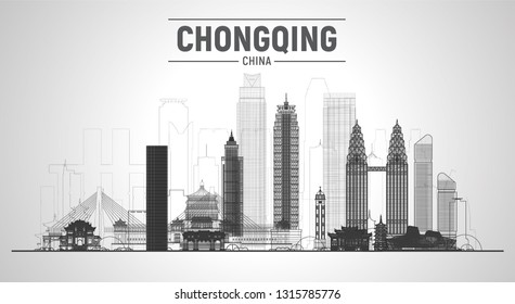 Chongqing China line skyline with panorama in white background. Vector Illustration. Business travel and tourism concept with modern buildings. Image for banner or web site. 