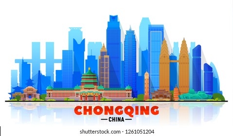 Chongqing China skyline with panorama in white background. Vector Illustration. Business travel and tourism concept with modern buildings. Image for banner or web site.