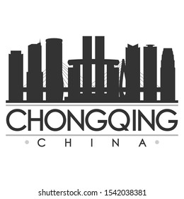 Chongqing China Skyline Silhouette City. Cityscape Design Vector. Famous Monuments Tourism.