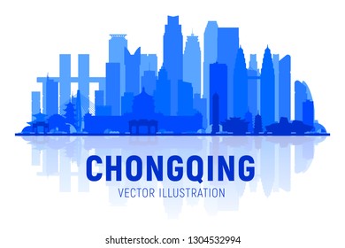 Chongqing China skyline silhouette at white background. Vector Illustration. Business travel and tourism concept with modern buildings. Image for banner or web site.