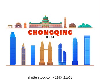 Chongqing China top landmarks at white background. Vector Illustration. Business travel and tourism concept with modern buildings. Image for banner or web site.