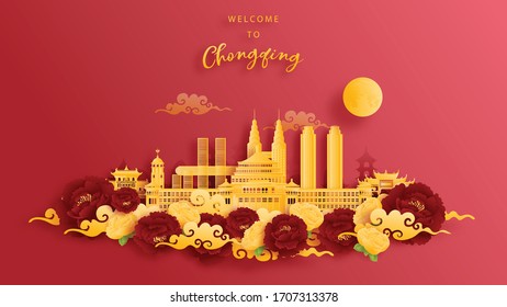 Chongqing, China world famous landmark in gold and red background. Paper cut vector illustration.