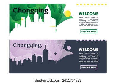 Chongqing city banner pack with abstract shapes of skyline, cityscape, landmark. China megapolis travel vector horizontal illustration layout for brochure, website, page, presentation, header, footer