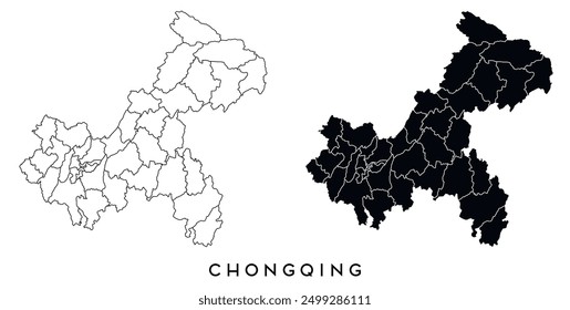 Chongqing map of regions districts vector black on white and outline