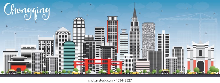 Chongqing Skyline with Gray Buildings and Blue Sky. Vector Illustration. Business Travel and Tourism Concept with Chongqing Modern Buildings. Image for Presentation Banner Placard and Web.