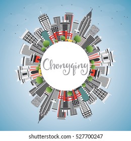 Chongqing Skyline with Gray Buildings, Blue Sky and Copy Space. Vector Illustration. Business Travel and Tourism Concept with Modern Architecture. Image for Presentation Banner Placard and Web