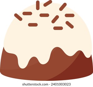 choocolate truffle with vanilla sauce on top and messes sprinkled, sweet food-themed, flat icon-style