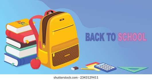 chool banner with stack of books, backpack and stationery. Concept school education, back to school.