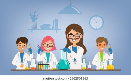 chool kids in chemistry lab. Children in science laboratory make test. Cartoon pupils girls and boys in class. Vector illustration. Chemistry school lab experiment, science laboratory for education