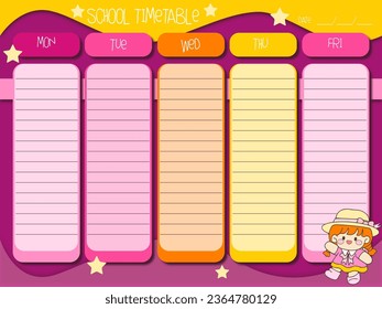 chool timetable with rainbow, flowers, empty to do list, weekly planer for kid's education, vector reminder ready for print With cartoon character girl