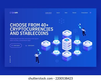 Choose from 40 cryptocurrencies and stablecoins isometric vector image on blue background. Blockchain customers advantages. IoT finance. Web banner with space for text. Composition with 3d components