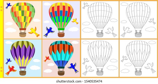 Choose a balloon in the sky and colorize as in the sample or come up with your own version. Page with a colorless option and with a color pattern. Vector illustration for antistress coloring book