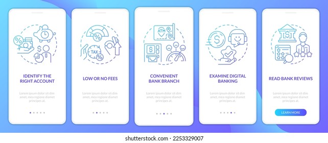 Choose bank blue gradient onboarding mobile app screen. Customer benefits walkthrough 5 steps graphic instructions with linear concepts. UI, UX, GUI template. Myriad Pro-Bold, Regular fonts used