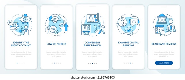 Choose bank blue onboarding mobile app screen. Customer benefits walkthrough 5 steps editable graphic instructions with linear concepts. UI, UX, GUI template. Myriad Pro-Bold, Regular fonts used