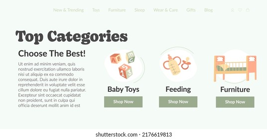 Choose best baby toys and feeding, furniture and clothes for newborn children. Top categories on website with product information and prices. Check out store in internet. Vector in flat style
