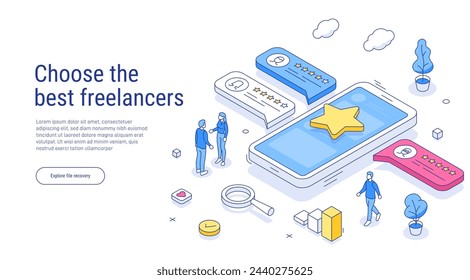 Choose the best freelancers outline isometric concept. Freelancers service banner with text place. Can use for web banner, infographics, hero images. Line isometric vector illustration.