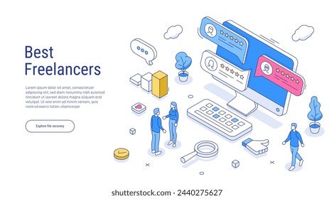 Choose the best freelancers outline isometric concept. Freelancers service banner with text place. Can use for web banner, infographics, hero images. Line isometric vector illustration.