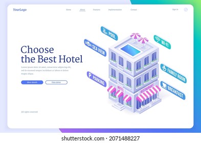 Elija la mejor página de aterrizaje isométrico del hotel, servicio de reserva para turistas, edificio exterior con opciones de alojamiento como piscina, wi-fi, habitación familiar, desayuno, aparcamiento y vistas al mar, banner web 3d vector