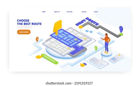 Choose the best route on mobile, landing page design, website banner vector template. Road trip route planning.