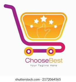 choose best shop logo, best rating,buy online, best discount, online shoping   ,best service delivery logo vector with hand shape and five stars and shopping cart