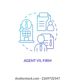 Choose between agent and firm blue gradient concept icon. Finding insurance company. Coverage services abstract idea thin line illustration. Isolated outline drawing. Myriad Pro-Bold font used