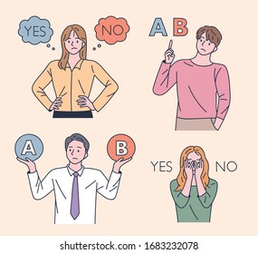 Choose between A and B. People are thinking about the decision. flat design style minimal vector illustration.