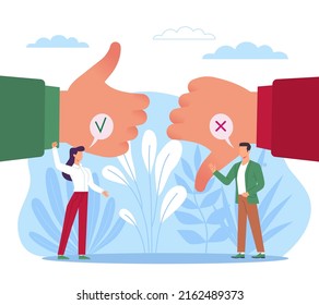 Choose between positive and negative. Decision making, comparison of pros and cons, huge hand gestures, tiny people thinking, right and wrong way, vector cartoon flat isolated concept