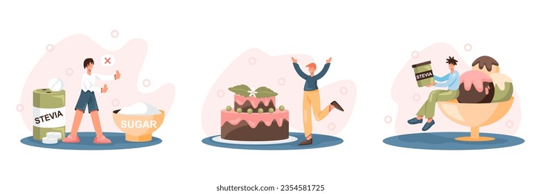 Choose between sugar and stevia. Happy man standing near big cake with healthy ingredient. Male sitting on plate with ice cream with stevia. Flat vector illustration