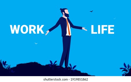 Choose between work and life - Businessman standing on hill trying to make a choice. Work life balance concept. Vector illustration.