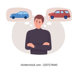 Choose car 2D vector isolated illustration. Select between hatchback and station wagon. Making decision flat character on cartoon background. Colorful editable scene for mobile, website, presentation