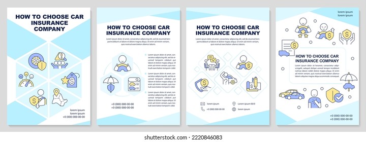 Choose car insurance company blue brochure template. Coverage. Leaflet design with linear icons. Editable 4 vector layouts for presentation, annual reports. Arial-Black, Myriad Pro-Regular fonts used