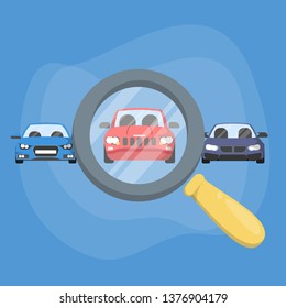 Choose car using magnifying glass. Auto selection for purchase or rent. Search for a good vehicle. Vector illustration in cartoon style