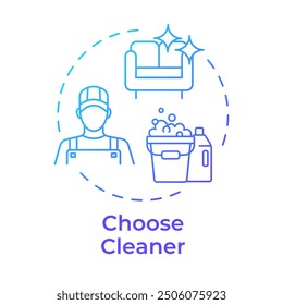 Choose cleaner blue gradient concept icon. Janitor uniform. Detergent bottles, chemicals. Round shape line illustration. Abstract idea. Graphic design. Easy to use in infographic, presentation