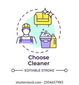 Choose cleaner multi color concept icon. Janitor uniform. Detergent bottles, chemicals. Round shape line illustration. Abstract idea. Graphic design. Easy to use in infographic, presentation