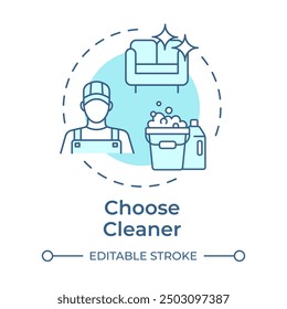 Choose cleaner soft blue concept icon. Janitor uniform. Detergent bottles, chemicals. Round shape line illustration. Abstract idea. Graphic design. Easy to use in infographic, presentation