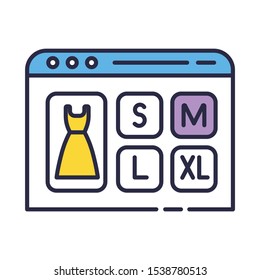 Choose clothes size color icon. Online shopping store. Buying and ordering goods in internet. E commerce. Clothing measurement. Dress sizing labels, sewing tags. Isolated vector illustration