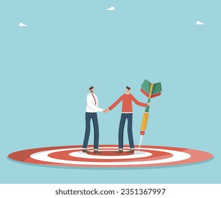 Choose cooperative winning strategy and achieve high scores and success, teamwork and brainstorming to achieve goal, cooperation to find new business opportunities, men shaking hands on dart board.