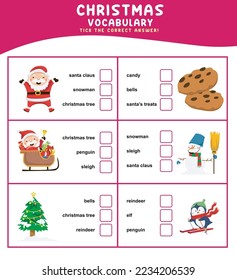 Choose the correct answer. Christmas items vocabulary. Introducing Christmas items to children. Printable worksheet for preschool. Words test educational game for children. Kawaii cartoon vector file.