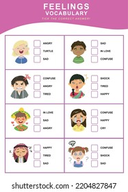 Choose The Correct Answer. Feelings Vocabulary. Worksheet For Preschool. Words Test Educational Game For Children. Vector File. 