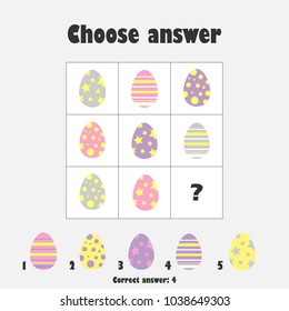 Choose correct answer, IQ test with easter eggs for children, fun education game for kids, preschool worksheet activity, task for the development of logical thinking, vector illustration