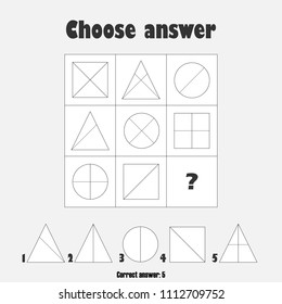 Choose correct answer, IQ test with geometric shapes for children, fun education game for kids, preschool worksheet activity, task for the development of logical thinking, vector illustration