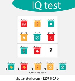 Choose correct answer, IQ test with christmas gift boxes for children, xmas fun education game for kids, preschool worksheet activity, task for the development of logical thinking, vector illustration