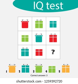 Choose correct answer, IQ test with christmas gift boxes for children, xmas fun education game for kids, preschool worksheet activity, task for the development of logical thinking, vector illustration