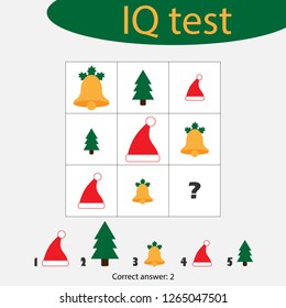 Choose correct answer, IQ test with christmas picturees for children, xmas fun education game for kids, preschool worksheet activity, task for the development of logical thinking, vector illustration