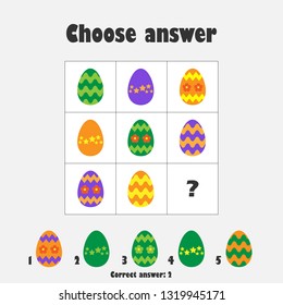 Choose correct answer, IQ test with easter eggs for children, fun education game for kids, preschool worksheet activity, task for the development of logical thinking, vector illustration