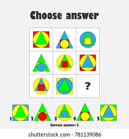 Choose correct answer, IQ test with colorful geometric shapes for children, fun education game for kids, preschool worksheet activity, task for the development of logical thinking, vector illustration