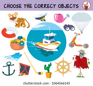 Choose the correct objects for boat ride. Educational matching game for children. Cartoon vector illustration