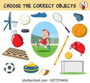 Elige los objetos correctos para el partido de fútbol. Juego educativo para niños. Ilustración vectorial de dibujos animados